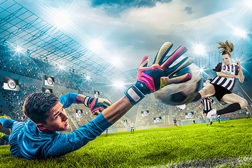 Fußball Illustration: Ein Torhüter versucht den Schuss vom gegnerischen Stürmer zu halten.